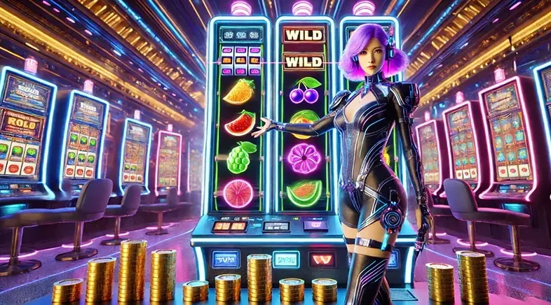 Visual permainan slot dengan simbol dan efek cahaya